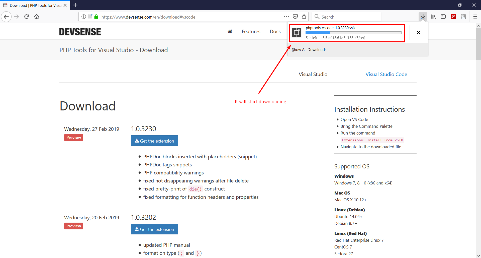 PHP Tools for VS Code Downloading