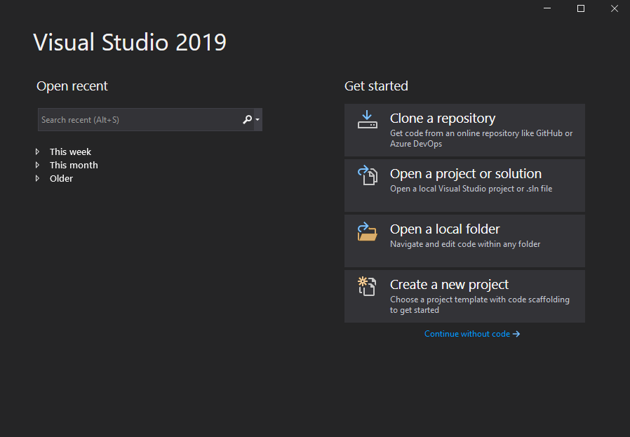 Initial Visual Studio dialog