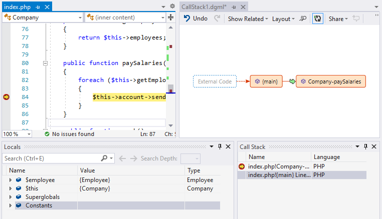 Current call stack on code map