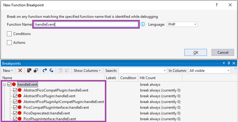 PHP function breakpoint