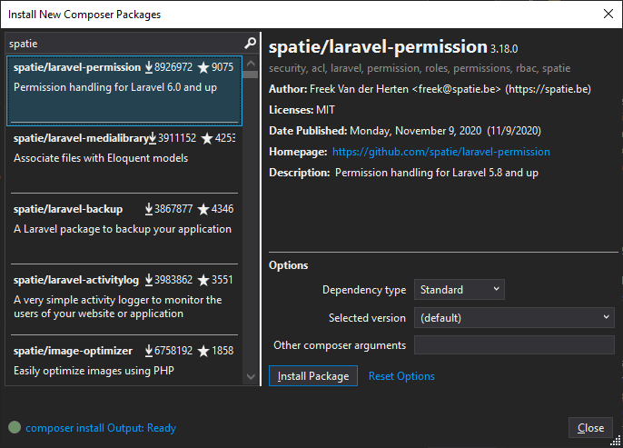 New composer package dialog