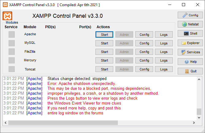 Apache didn't start - port 80 was occpued