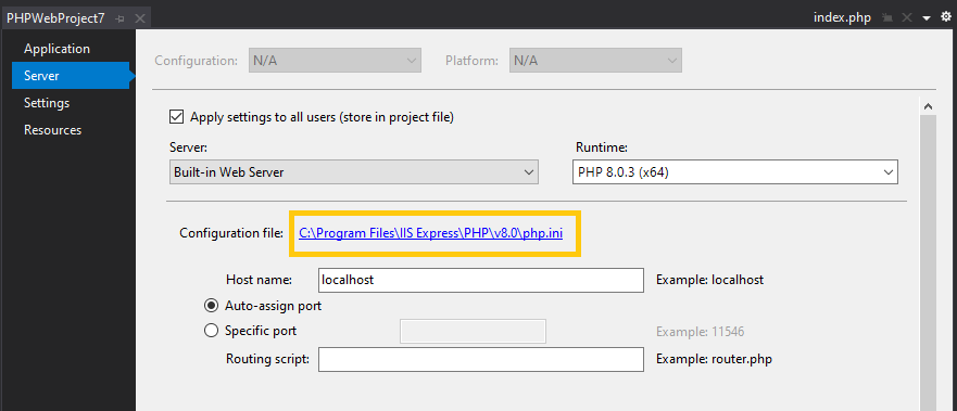 Current php.ini in the Server tab