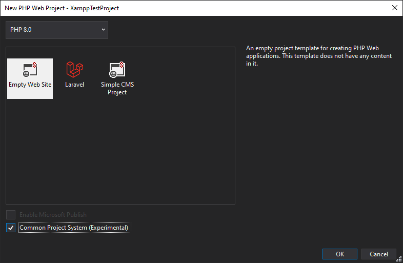 Visual Studio 2019 New PHP Web Project