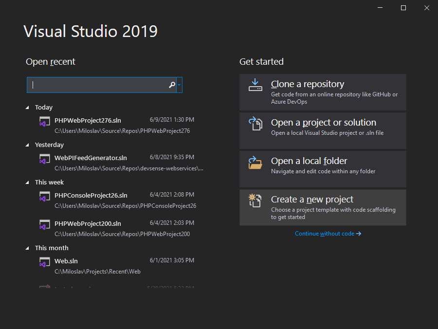 Visual Studio 2019 Initial Dialog