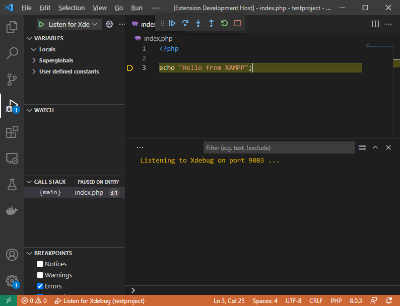 Visual Studio Code PHP debugger broken on the first statement