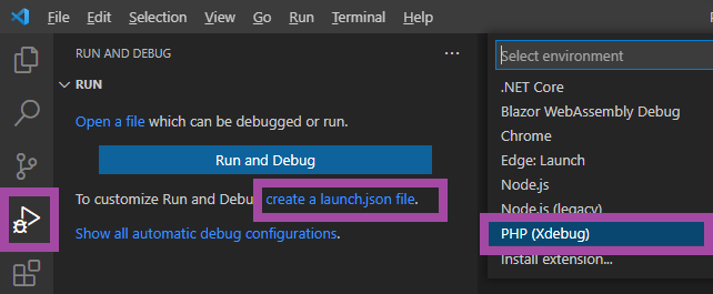 create launch.json for PHP