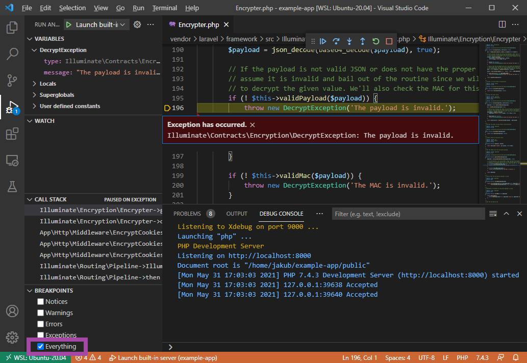 vscode exception