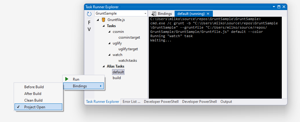 Task Runner Explorer - Bindings