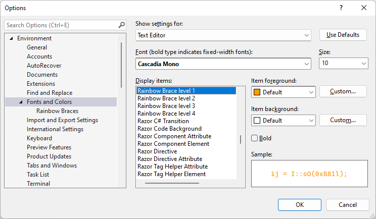 Fonts and Colors Options