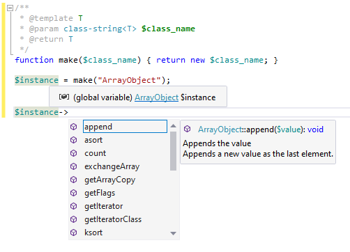 completion PHP generic type
