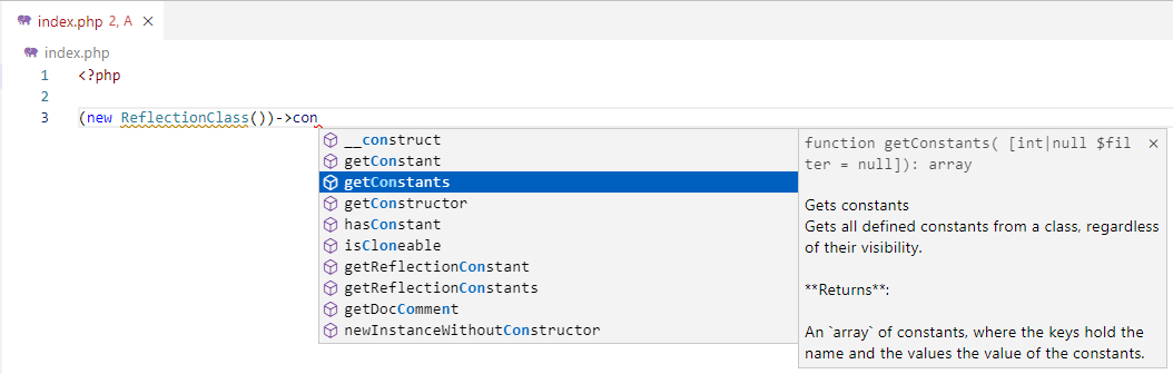 php in the web code completion