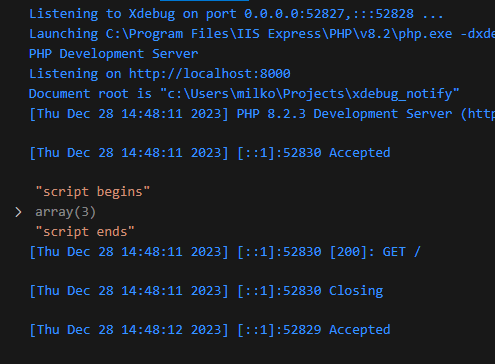 VSCode Debug Console with xdebug_notify outputs