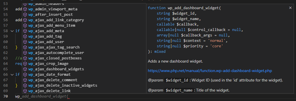 WordPress code completion