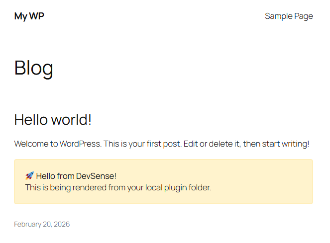 WordPress Home Page with plugin activated