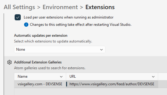 Screenshot: Visual Studio Options showing the extension sources and the new PHP Tools Nightly feed.