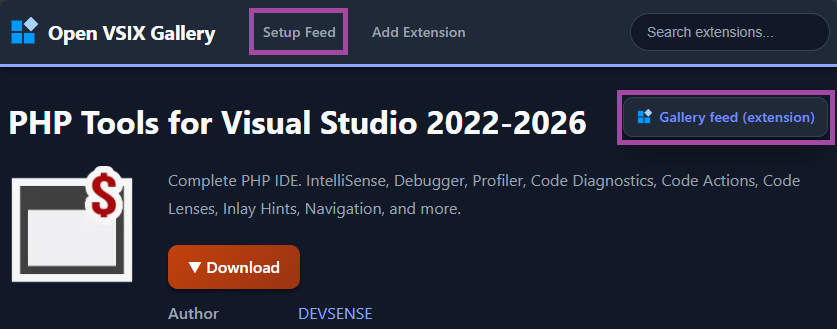 PHP Tools listing on Open VSIX Gallery, highlighting the feed setup instructions.