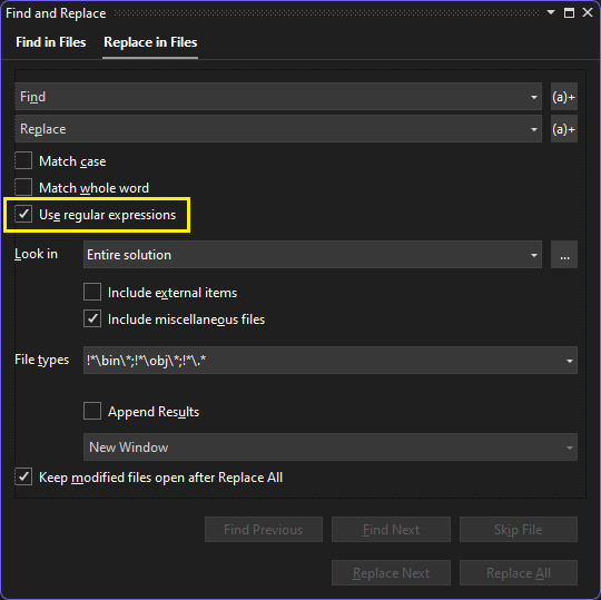 VS Find and replace - enable regular expressions