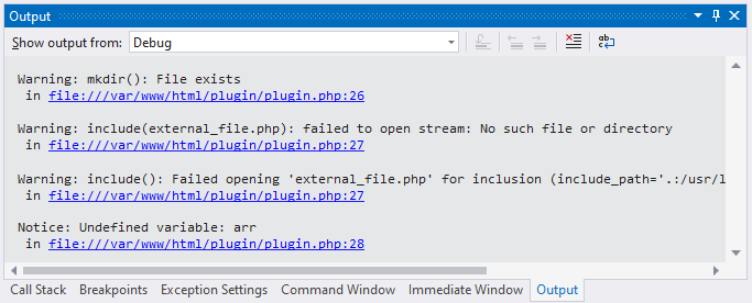 PHP Notices in Output Pane