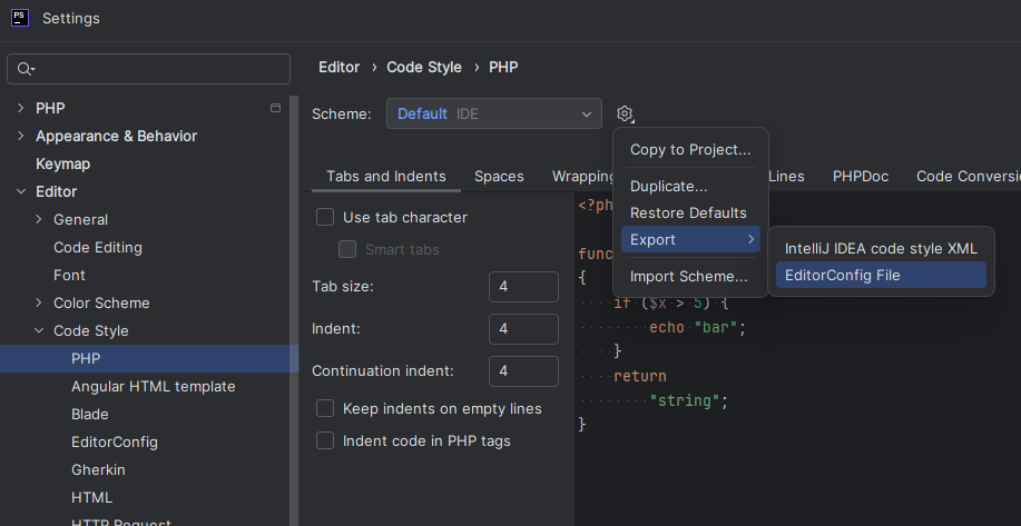 Export EditorConfig File in PHPStorm