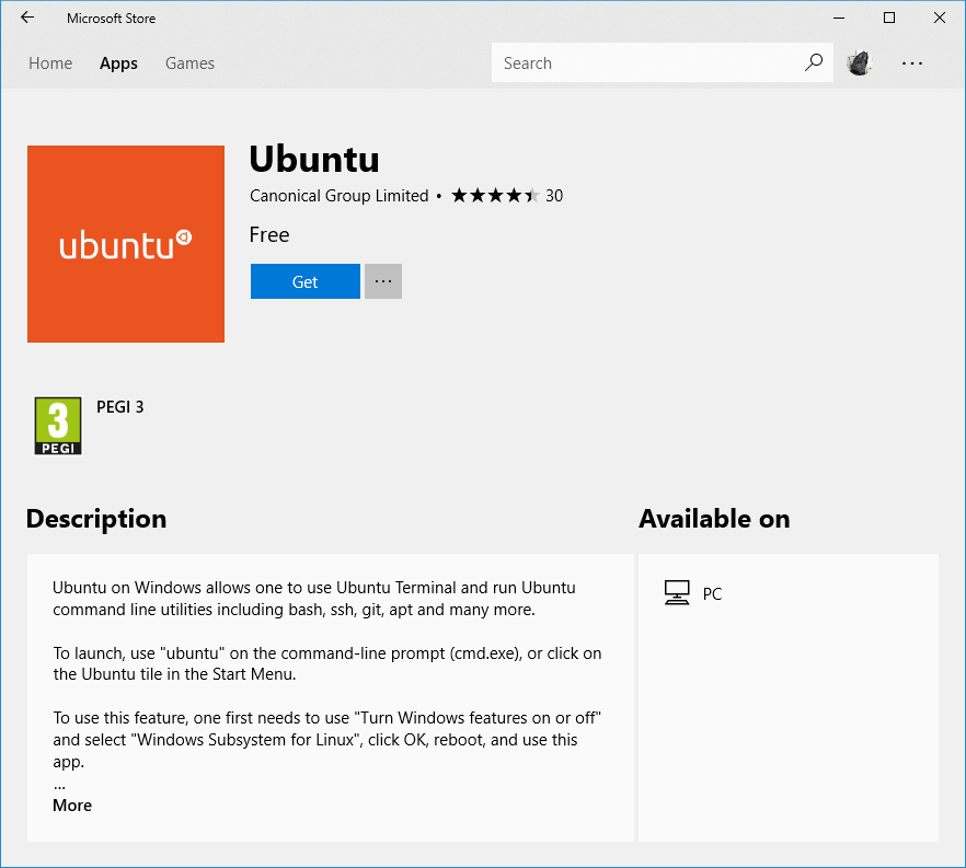 Ubuntu in Microsoft Store